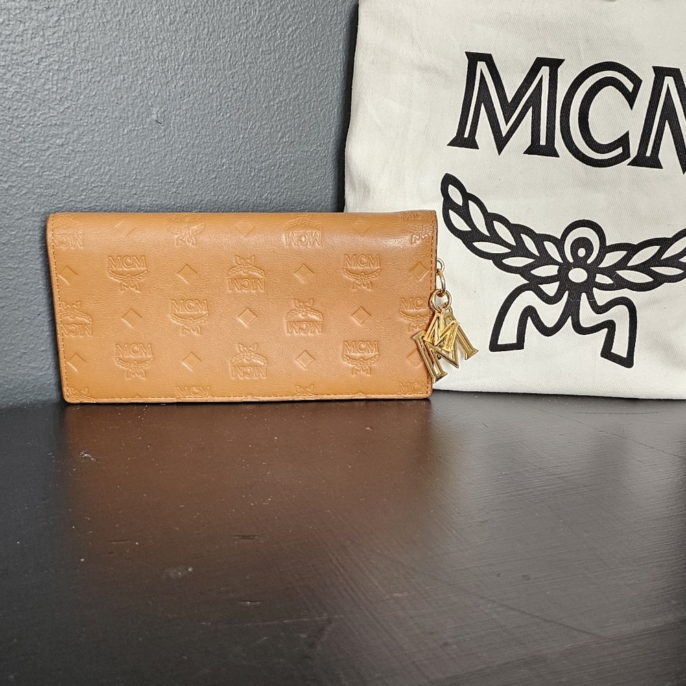 MCM Klara two fold beige and pink monogram leather charm wallet